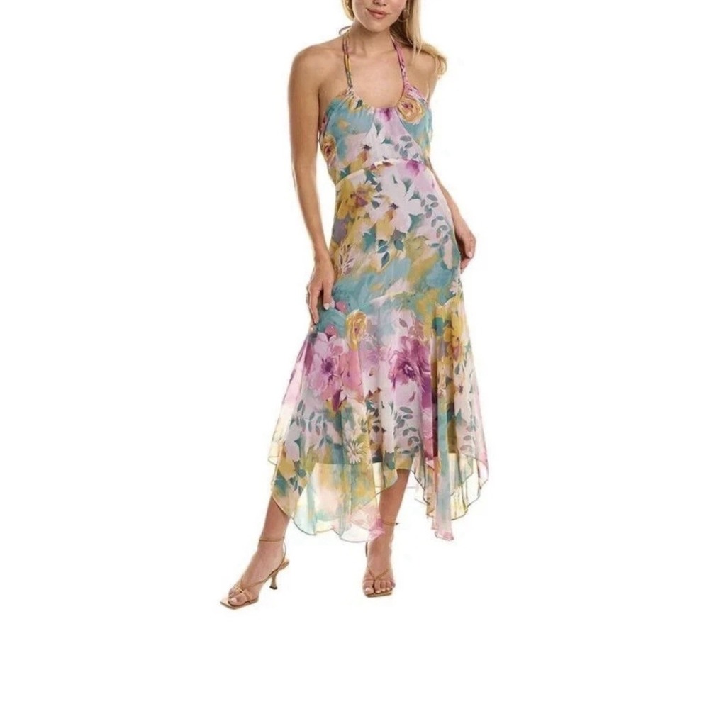 TAYLOR Floral Watercolor Print Halter Neck Tie Smocked Asymmetric Maxi Dress 6